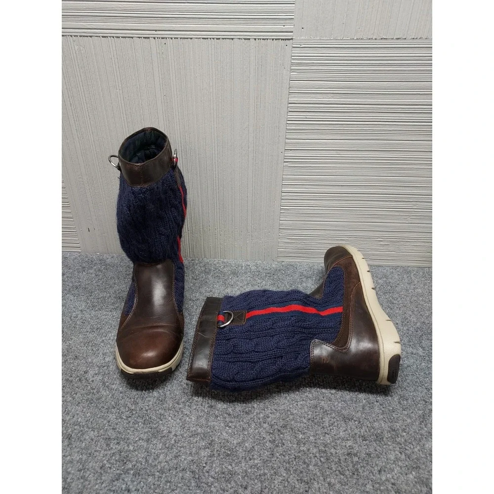 Tommy Hilfiger Men Sweater Boots 8.5M Navy Cable Knit Brown Leather Trim Outdoor